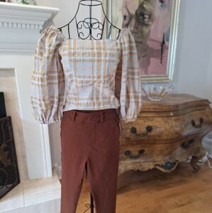 MAEVE ANTHROPOLOGIE RUCHED BACK PLAID OFF THE SHOULDER BLOUSE S.